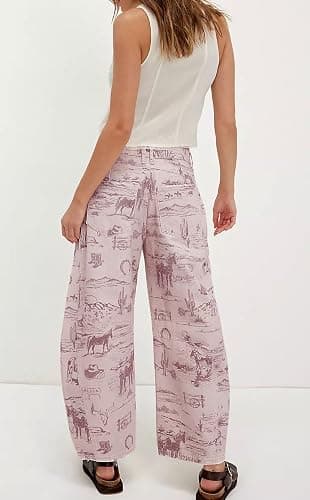 loveimgs Women Boyfriend Baggy Barrel Jeans Floral Print Denim Ankle Pants Wide Leg Mid Rise Jeans Sweatpants Y2k Patchwork thumbnail 5