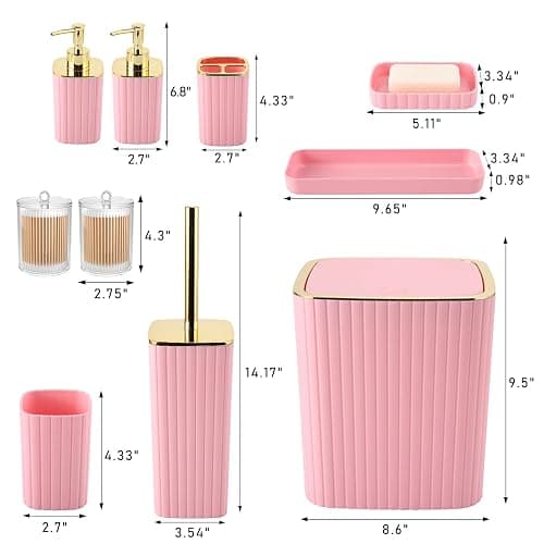 XLHOMO Pink Bathroom Accessories Set - Gorgeous Bathroom Set, 10PC Bathroom Accessory Set, Toilet Brush, Trash Can, Qtip Holder & Soap Dispenser thumbnail 3