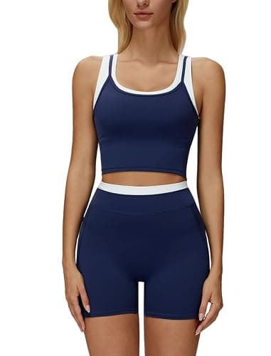 PQBPQB Women 2 Piece Workout Sets Racerback Color Block Tank Top High Waist Tummy Control Shorts Yoga Outfits - Image 1
