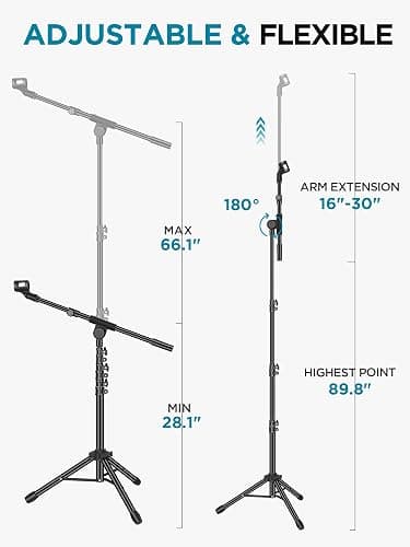 InnoGear Microphone Stand, Tripod Boom Arm Floor Mic Stand Height Adjustable Heavy Duty with Carrying Bag 2 Mic Clips 3/8" to 5/8" Adapter for Singing Podcast for Blue Yeti Shure SM58 SM48 Samson Q2U thumbnail 3
