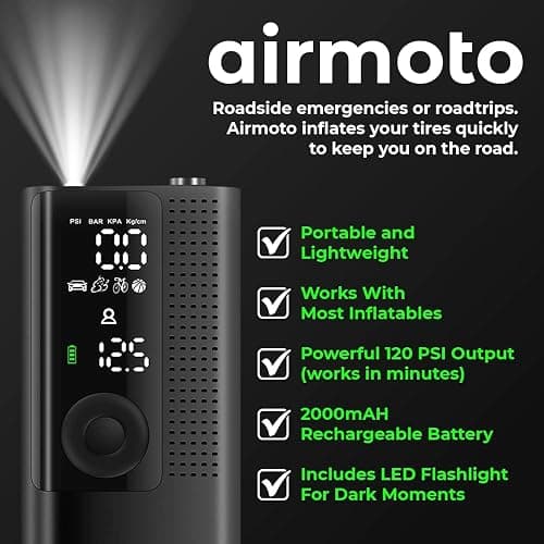 Airmoto Tire Inflator Portable Air Compressor - Air Pump For Car Tires with Digital Pressure Gauge, LED Light and Auto Shut-Off Function - Cordless Pump for Car, Motorcycle, Bicycle, Ball thumbnail 6