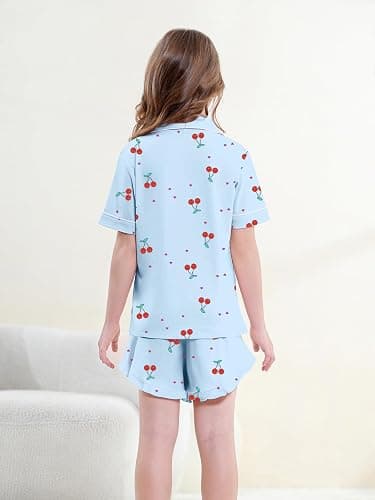 QZH.DUAO Girls Pajama Sets 100% Cotton Sleepwear Button Down Short Sleeve With Ruffle Shorts 2 Piece PJS 5-14 thumbnail 5