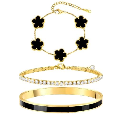 MOINSPIRE Gold Bracelets for Women, 18K Gold Plated Tennis Nail Clover love Bangle Bracelets Set Non Tarnish, Stainless Steel Trendy Stackable Bracelet Fashion Jewelry Accessories Gifts for Women - Image 1