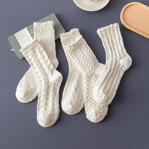 Tyadorw 5 Pair White Cute Ankle Socks for Women Coquette Cable Knit Long Cotton Lace Ruffle Frilly Cottagecore FLoral Socks thumbnail 6