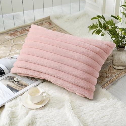 decorUhome Faux Fur Christmas Throw Pillow Covers 12x20 Set of 2, Decorative Soft Plush Striped Lumbar Neutral Couch Euro Pillow Covers with Velvet Back for Sofa, Bed, Living Room Home Decor, Pink thumbnail 2