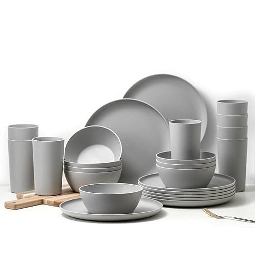 YARRGGU 24-Piece Dinnerware Set, Service for 8, Unbreakable Plates and Bowls Set, BPA-Free, Dishwasher Safe, Gray Tableware for Kitchen, Party and Picnic - Image 1