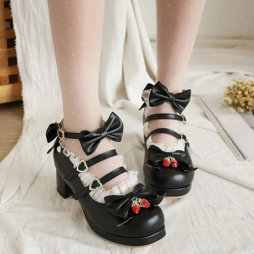 Parisuit Womens Mary Jane Chunky Heel Platform Pumps Bowtie Heart Strap Lace Kawaii Maid Shoes - 11.5 - Black thumbnail 4