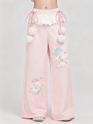 Women Y2k Kawaii 3D Plush Puppy Embroidery Sweatpants Harajuku Cutecore Lace Trim Bow Tie Baggy Casual Wide Leg Joggers thumbnail 4