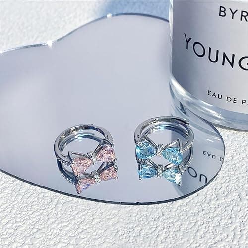 HUJUON Cubic Zirconia Cute Bowknot Finger Rings Adjustable Rhinestone Heart Crystal Butterfly Bowkont Open Rings Wedding Jewelry for Women thumbnail 5