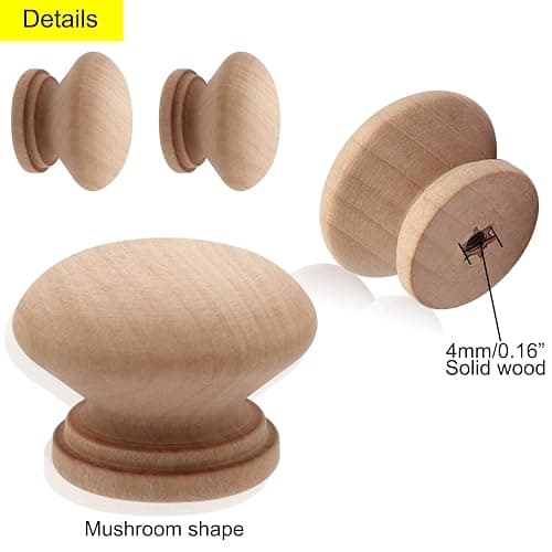 Cangder 20Pcs Wooden Cabinet Knobs Unfinished Wood Knobs for Dresser Mushroom Drawer Knobs Pulls Handles (1.3" Dia., 1" Height, with Screws) thumbnail 4