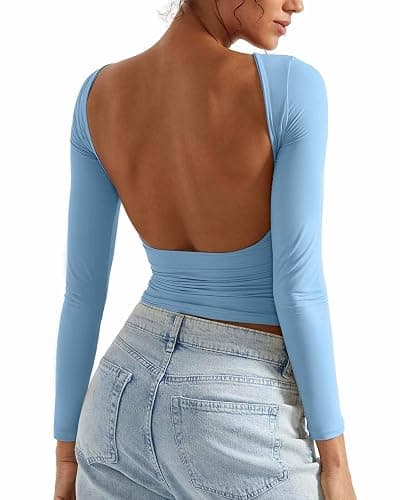 SUUKSESS Women Backless Going Out Tops Double Lined Open Back Basic Long Sleeve - Image 1