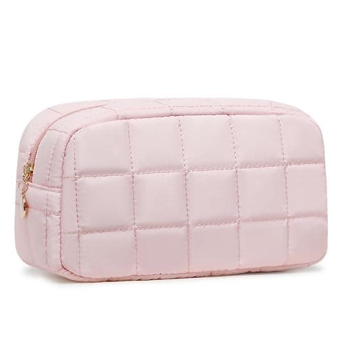 LOVELYWIND Makeup Bag for Women, Travel Cosmetic Bag Organizer with Compartments, Quilted Puffy Toiletry Pouch for Brushes, Essentials and Accessories, Pink - Image 1