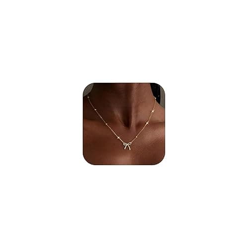Thaivor Gold Necklace for Women Dainty Bow Necklace 14K Gold Plated Cute Choker Necklace Small Bow Pendant Charm Necklaces Teen Gift Trendy Stuff Personalized Jewelry Gifts