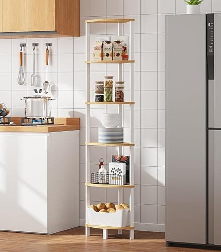 Corner Shelf, 6-Tier Corner Bookshelf, Industrial Corner Ladder Shelf, DIY Storage Shelves, Rustic Display Shelf for Living Room, Bedroom, Kitchen, Home Office, White and Nature Wood Color UJSJ004Q thumbnail 8
