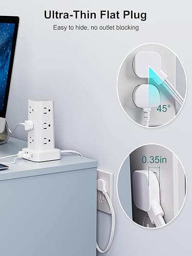Power Strip Tower Surge Protector, 6FT Flat Plug Extension Cord with Multiple Outlets, 12 AC Outlets 4 USB (2 USB C), Desktop Charging Station with Surge Protection for Home Office Dorm Room, White thumbnail 3