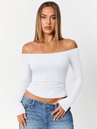 Trendy Queen Womens Long Sleeve Off The Shoulder Tops Going Out Cute Basic Y2K Fall Fashion 2025 Outfits Clothes thumbnail 2