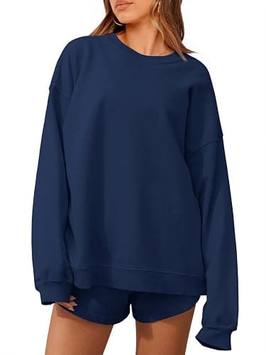 Tankaneo Womens Oversized 2 Piece Outfits Sweatsuit Casual Long Sleeve Crewneck Sweatshirts Sweat Shorts Fall Lounge Sets - Image 1