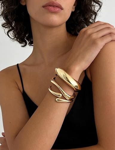 Chunky Gold Bangle Bracelets for Women, Dainty 14k Gold Plated Big Stackable Bangles Set, Trendy Statement Cuff Bracelet Stack Fashion Jewelry Gifts thumbnail 3