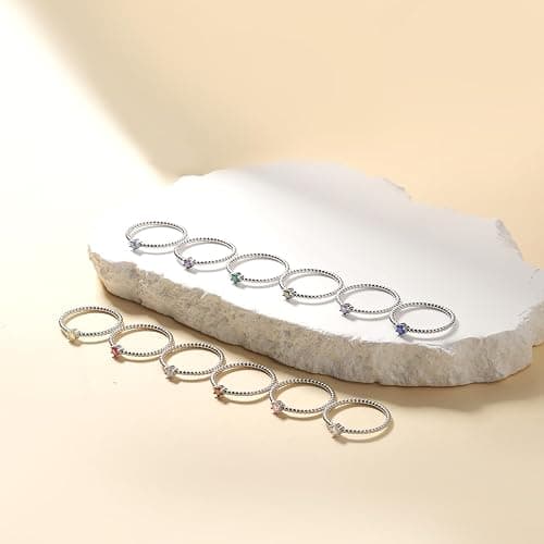 Tufeney Stackable Birthstone Rings Set for Women: 925 Sterling Silver Mother Family Stacking Ring Minimalist Stackable Bands Mother's Day Jewelry Gifts for Wife thumbnail 6
