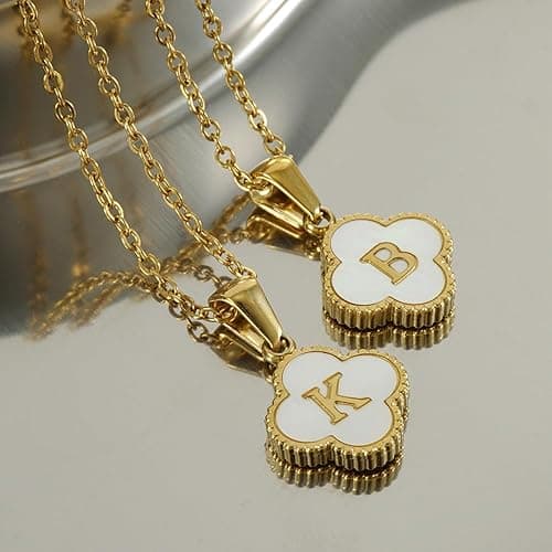 Zocqol 14K Gold Plated Clover Initial Necklaces for Women Trendy: Dainty Stainless Steel Four-Leaf Clover Letter Necklace for Women Non Tarnish Shell Necklace thumbnail 8