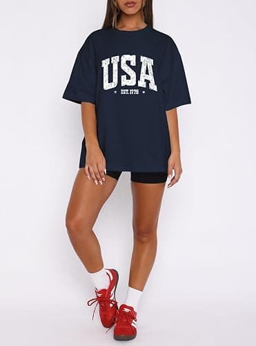 Dressmine Womens USA Oversized T-Shirts Summer Round Neck Short Sleeve Shirts Cute Print Graphic Tees thumbnail 2