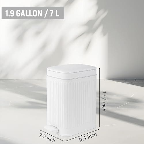 Small Bathroom Trash Can with Lid, 1.9 Gallon Slim Soft Close Step, White | Garbage Can with Pedal for Office, Bedroom, Kitchen & Living Room, Narrow Plastic Wastebasket Container for Small Spaces thumbnail 7