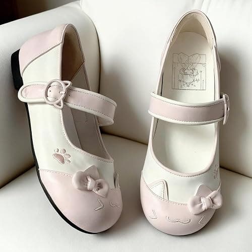 Women Cute Sneakers, Bow Detail Mary Janes 3D Cat Pattern Japanese Harajuku Style JK Shoes Lovely Round Toe Flats Pink Kawaii Kitten Footwear thumbnail 3