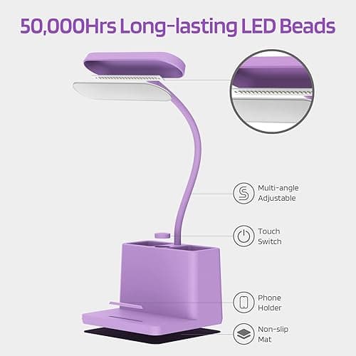 AXX Cute Purple Desk Lamp, Rechargeable Study Table Light for Home Office, Small, Battery Operated, LED, Flexible Gooseneck, Mini, Cordless, College Dorm Room Desktop Accessories for Teen Girls thumbnail 6