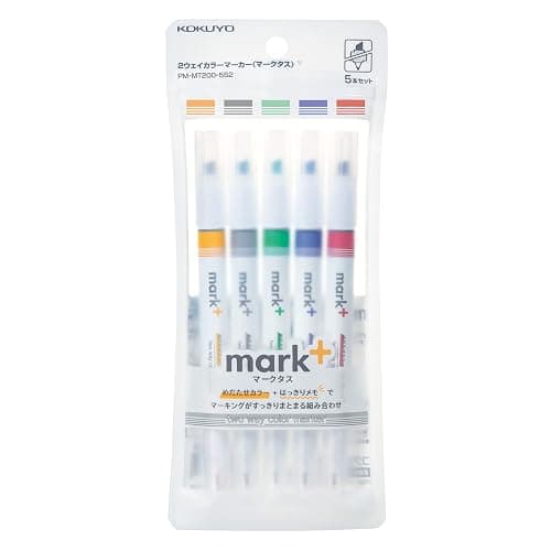 KOKUYO 2-Way Vivid Highlighter 5 Colors Set. Mark+ Dual Tips Markers, Quick Dry Chisel Fine Tip 5 Pack of Gold, Gray, Light Green, Navy, Red. Japan Import (PM-MT200-5S2) - Image 1