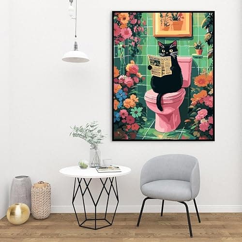 Black Cat Paint by Number Kits for Adults, Cat Sit on Toilet Adult's Painting by Numbers on Canvas, DIY Flowers Acrylic Watercolor Oil Colorful Art Crafts for Adults 16 * 20in thumbnail 6