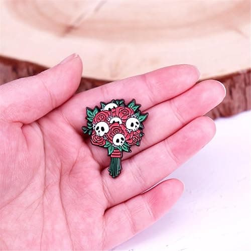yangjinyuCartoon Flower Bouquet Skeleton Enamel Pin Gothic Punk Skull Brooch Cartoon Halloween Brooch Lapel Pin Fun Jewelry Gift for Women Men Girls Boys, Red thumbnail 4