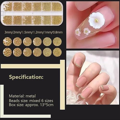 0.8mm Mini Small Nail Beads Stainless Steel Beads Nail Chain Charms Nails Art Decorations Gun Grey Nail Studs Gold Caviar Nail Charms DIY Tool Nail Studs Accessories Cold Nail Gems (Gold) thumbnail 3