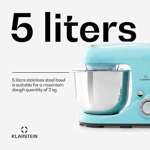 Klarstein Stand Mixer, 5L Food Mixer for Baking with Bowl, 1300W Cake Mixer w/Beater, Dough Hook, Whisk & Mixing Bowl, 6 Speed Planetary Rotation Kitchen Maker, Electric Mixer for Baking Bread Pastry thumbnail 5