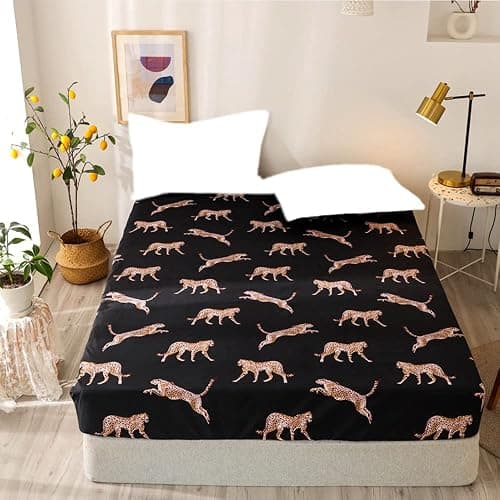 JQWUPUP Animal Leopard Print Double Fitted Sheet, Microfiber Deep Fitted Bed Sheet for Double Bed 135 x 190cm(Double, Black) - Image 1