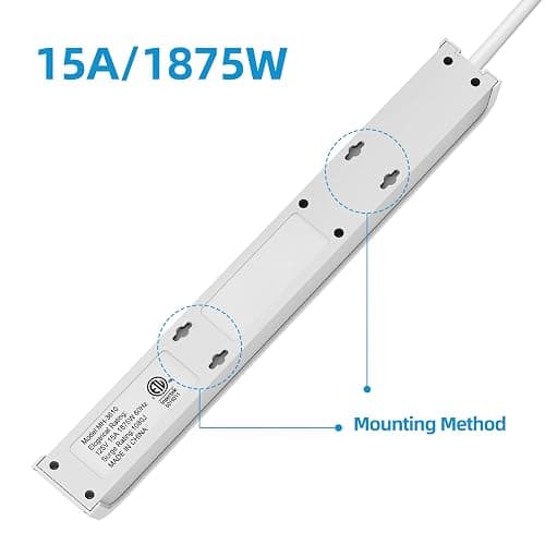 TiFFCOFiO Power Strip Surge Protector with 6 Outlets & 2 USB Ports, 14 AWG | 600 Joules, 4 ft Extension Cord, Wall Mountable, ETL Listed, 15A/1875W thumbnail 7