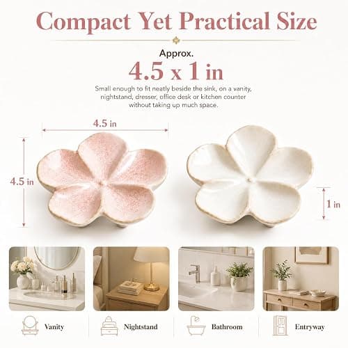 Ceramic Flower Jewelry Ring Trinket Dish Tray, Gifts for Women, 2 Pieces | Kiln-Variation Glaze, Organizer for Necklaces Bracelet Key, Aesthetic Nightstand Bedroom Bathroom Room Decor, Dishwasher Safe thumbnail 2