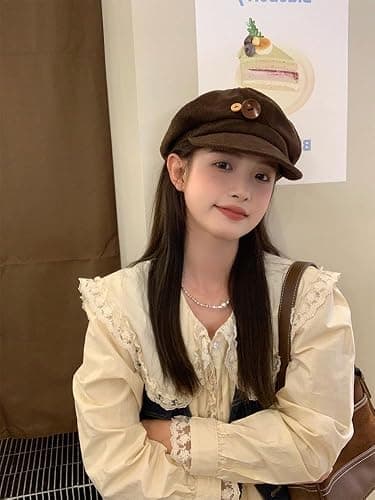 Corduroy Newsboy Hats for Women Vintage Button Decor Paperboy Painter Beret Cap Japanese Y2K Acubi Emo Headwear thumbnail 7