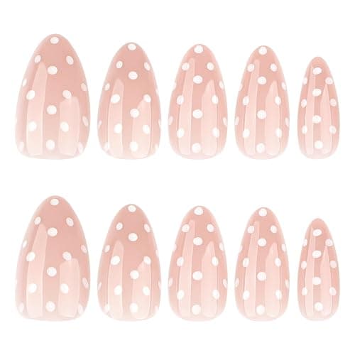 White Polka Dot Press on Nails Almond Fake Nails with Designs Medium Artificial Nails Glossy Cute False Nail Natural Gel Acrylic Glue on Nail Cute Stick on Fingernails for Women Girls 24Pcs thumbnail 2