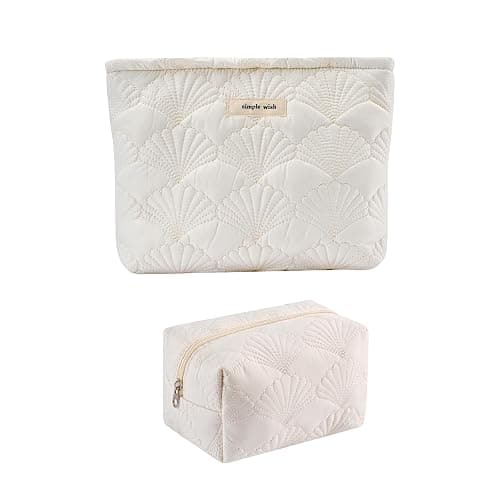 RSRSLEII 2Pcs Quilted Cotton Coquette Makeup bag, Coastal Granddaughter Aesthetic Cosmetic Bag, Cute Seashell Portable Travel Toiletry Pouch (2Pcs White) - Image 1