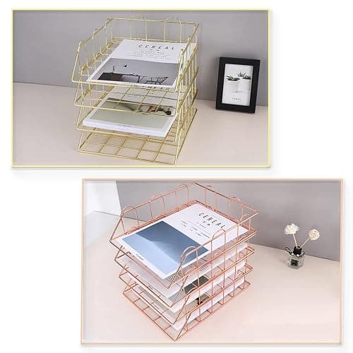 XINGHE Lot de 2 Corbeille Fichier Organisateur en Métal Empilable de Bureau, Classeur Papier Lettre Organisateur Plateau de classement A4 en métal pour la Maison (Doré) thumbnail 8