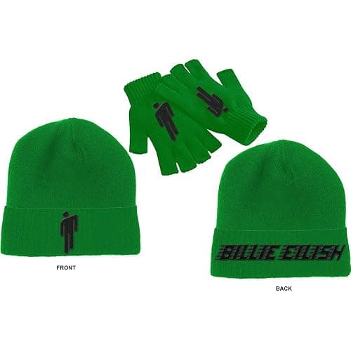 Billie Eilish Beanie Hat and Glove Set Blohsh Logo Official Green Unisex One Size - Image 1