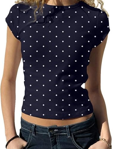 BAIGRAM Women Cute Polka Dot Jersey Short Sleeve Crop Tshirt Y2K Aesthetic Teen Round Neck Slim Baby Tee Shirt Going Out Tops - Image 1