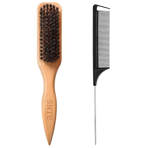 Boar Bristle Slick Back Hair Brush, Rat Tail Comb Set - Soft Bristle Smoothing HairBrush for Women & Men with Fine/Medium Hair - Wooden Teasing Brush - Tames Frizz, Sleek Flyaways, Style Edges - Image 1