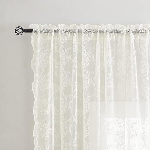 YJ YANJUN Vintage Lace Curtains Elegant Flower Off White 132 inch Curtains 1 Pair Extra Long Cream Colored High Ceiling Drapes for Large Windows Patio Sliding Door 11 Foot 52" W x 132" L Ivory thumbnail 3