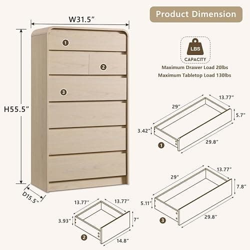 Aitjunz Modern 7 Drawers Dresser for Bedroom, 55" Tall Dressers, Cream | Wooden Dressers & Chest of Drawers w/Curved Profile Design, Mid Century Vertical Storage Dressers Organizer for Bedroom thumbnail 2