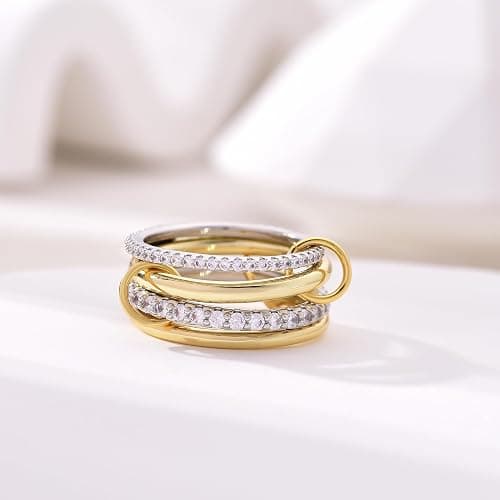 Canboer 14K Gold Plated Interlocked Stackable Rings for Women Non Tarnish,Gold and Silver Cubic Zirconia Statement Rings Set,Mixed Metals Ring Two-Toned Connected Bands Stacking Jewelry thumbnail 2