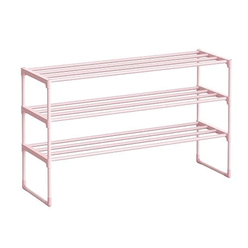 SONGMICS Shoe Rack, 3-Tier Shoe Organizer, Metal Storage Shelf, Upright or Upside Down, for 16-20 Pairs, Stackable, for Entryway, 11.8 x 36.2 x 21.7 Inches, Jelly Pink ULSA303S01 - Image 1