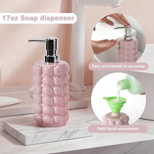 4 Piece Ceramic Bathroom Accessories Set –Soap Dispenser,Toothbrush Holder,Tumbler & Soap Dish,Includes Silicone Funnel,Non-Slip,Modern Farmhouse Countertop Organizer Set for Bathroom Decor, Pink thumbnail 4