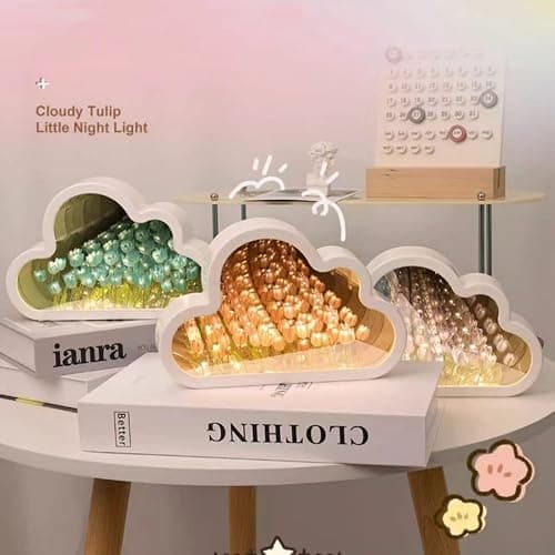 Yckeogln DIY Cloud Tulip Mirror Night Light, Simulation Flower Bedroom Cloud Tulip Table Lamp, Creative Home Decoration, Room Decor for Teen Girls (Blue) thumbnail 6
