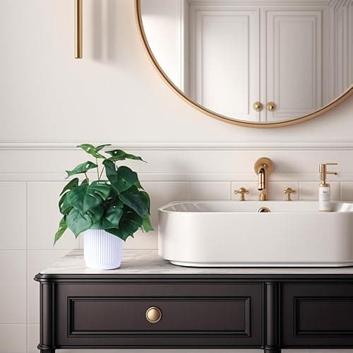 HOFMEFY Artificial Monstera Potted Plant Realistic Fake Plants Home Greenery Table Decor with White Ridged Plastic Pot 31CM Tall Fake Tropical Palm Tree Bigger Leaves - 10in thumbnail 5
